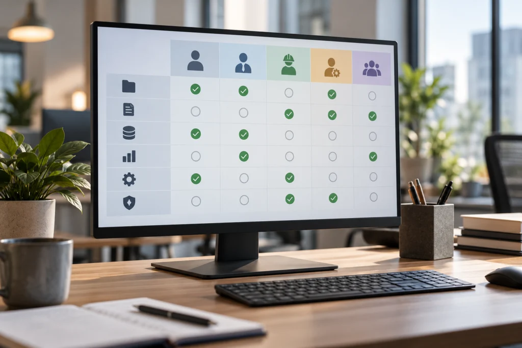 Schema astratto di ruoli e autorizzazioni su un monitor di ufficio senza credenziali.