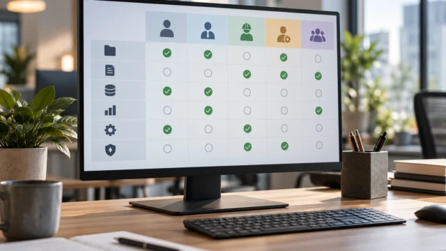 Schema astratto di ruoli e autorizzazioni su un monitor di ufficio senza credenziali.