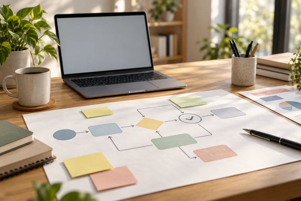 Diagramma di processo semplice con un punto di controllo umano su una scrivania tecnica.