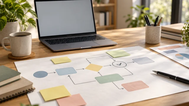 Diagramma di processo semplice con un punto di controllo umano su una scrivania tecnica.
