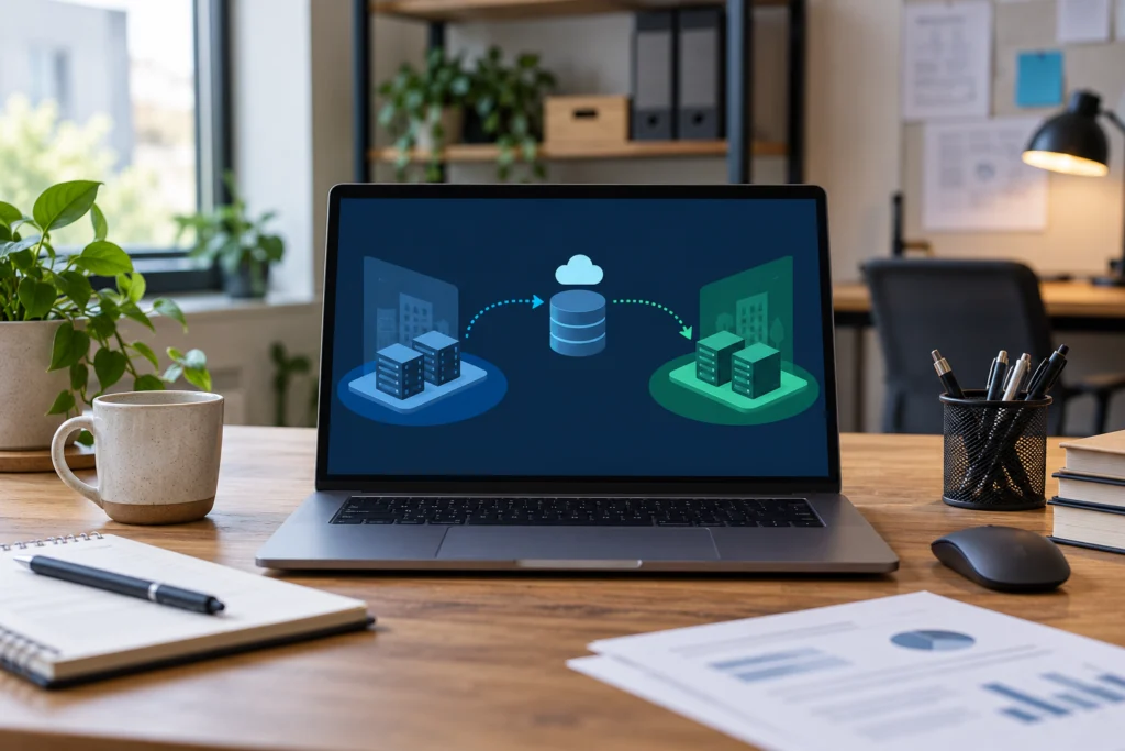 Postazione tecnica con diagramma astratto di backup e ripristino in ambiente separato.