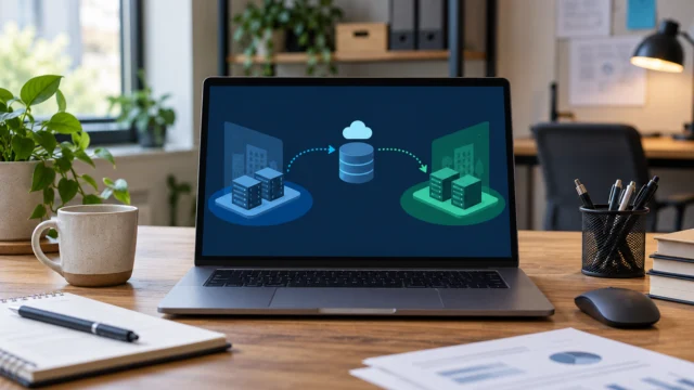 Postazione tecnica con diagramma astratto di backup e ripristino in ambiente separato.