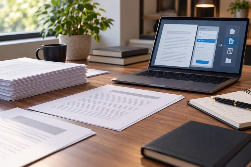 Documenti di un’offerta software e laptop con schermata astratta di esportazione.