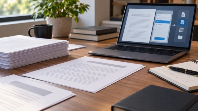 Documenti di un’offerta software e laptop con schermata astratta di esportazione.