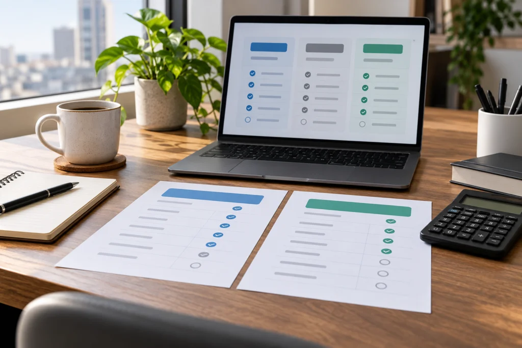 Confronto di due servizi software su un quaderno e schermo astratto senza prezzi promozionali.