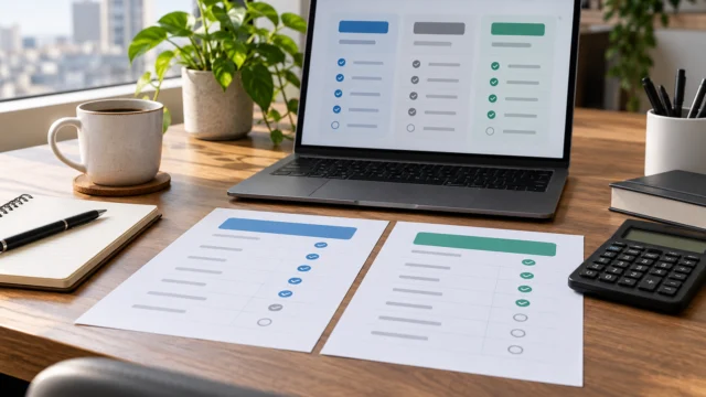 Confronto di due servizi software su un quaderno e schermo astratto senza prezzi promozionali.
