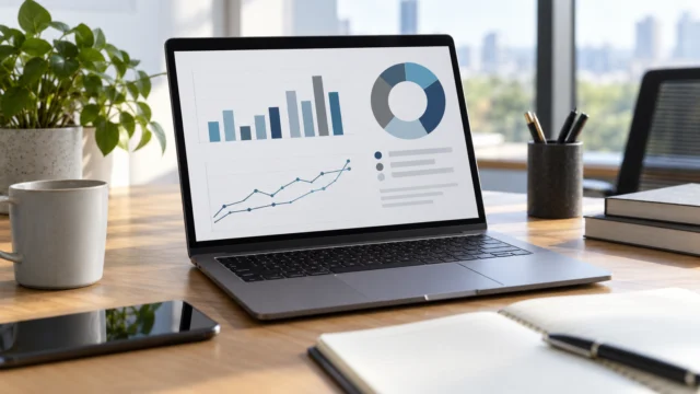 Dashboard aziendale essenziale con pochi grafici astratti e scheda di definizione degli indicatori.