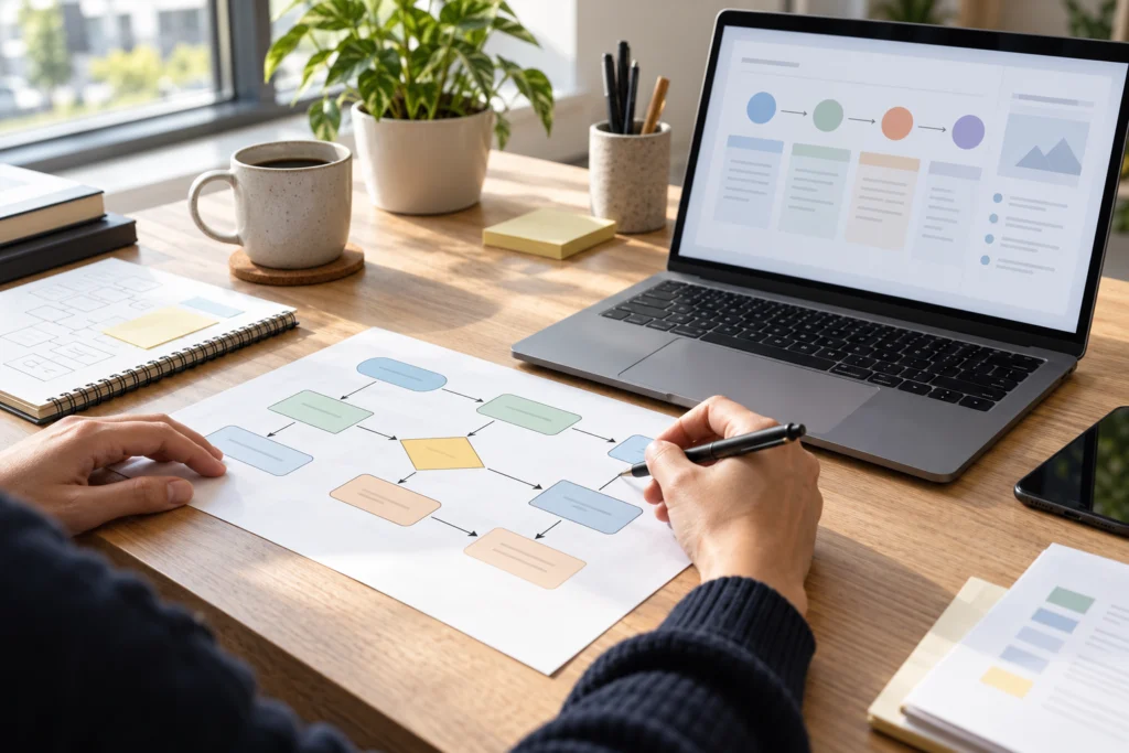 Manuale operativo semplice con schema dei passaggi e laptop in un ambiente di lavoro tranquillo.