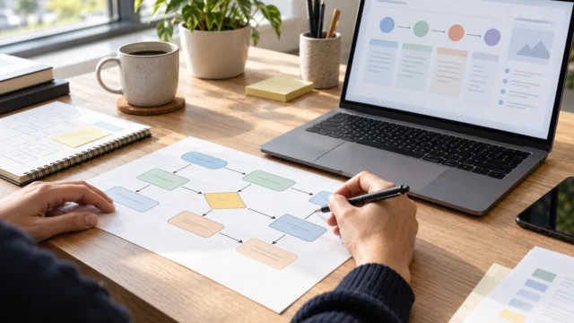 Manuale operativo semplice con schema dei passaggi e laptop in un ambiente di lavoro tranquillo.