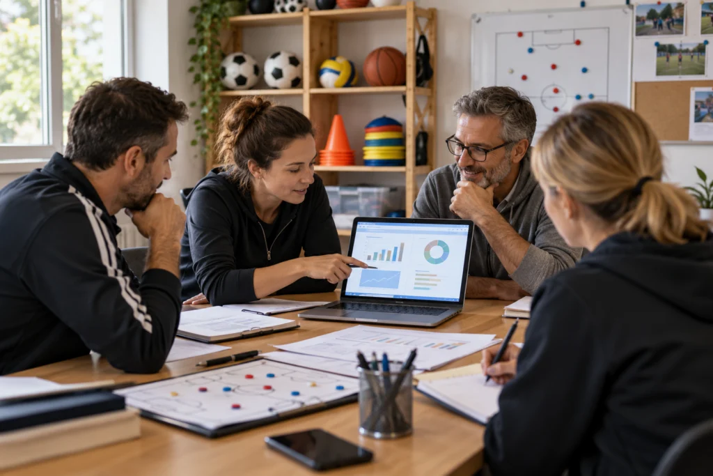 Due collaboratori di un’associazione sportiva confrontano una semplice schermata gestionale senza dati personali.