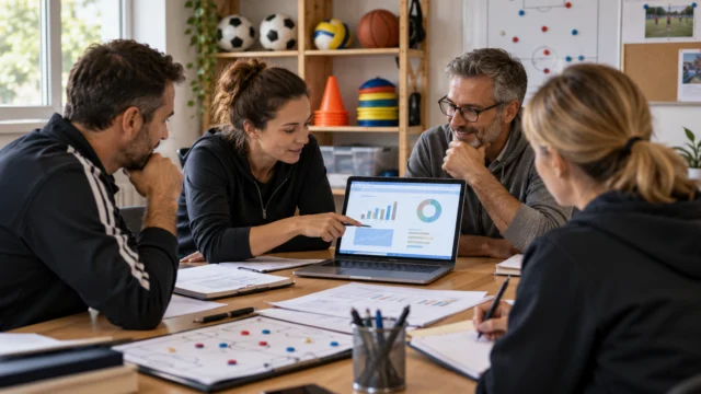 Due collaboratori di un’associazione sportiva confrontano una semplice schermata gestionale senza dati personali.