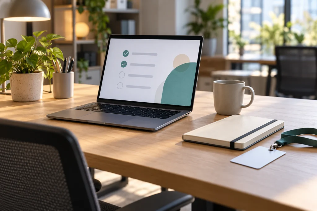 Postazione pronta per un nuovo collaboratore con laptop e guida iniziale senza dati personali.