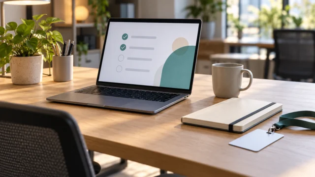 Postazione pronta per un nuovo collaboratore con laptop e guida iniziale senza dati personali.