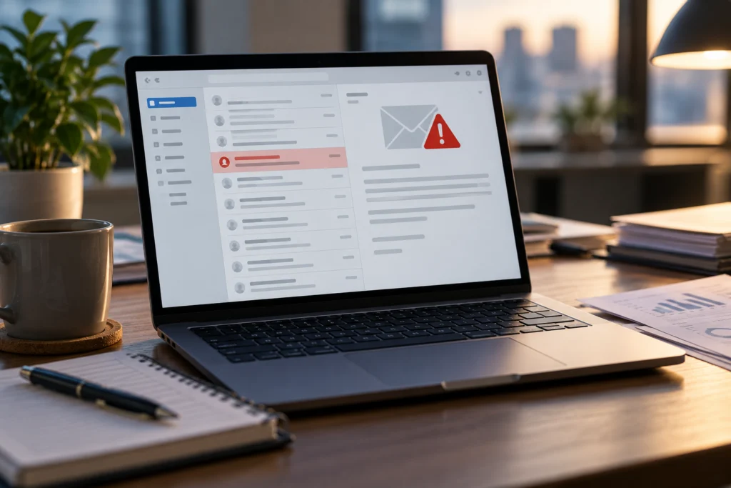 Email sospetta astratta su un monitor con nota di verifica e nessun dato personale visibile.