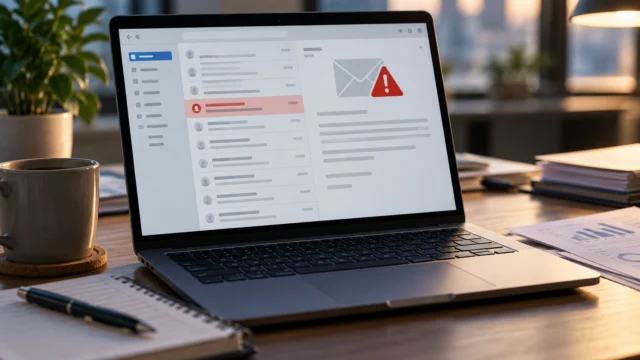 Email sospetta astratta su un monitor con nota di verifica e nessun dato personale visibile.