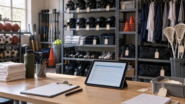 Attrezzature sportive ordinate con piccoli identificativi neutri e tablet per un registro digitale.