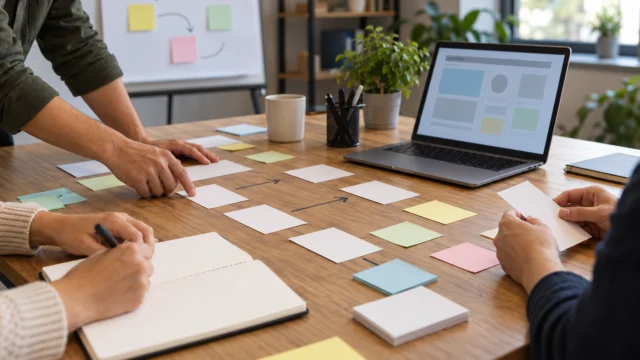 Schede di requisiti software e laptop su un tavolo di lavoro di una piccola azienda.